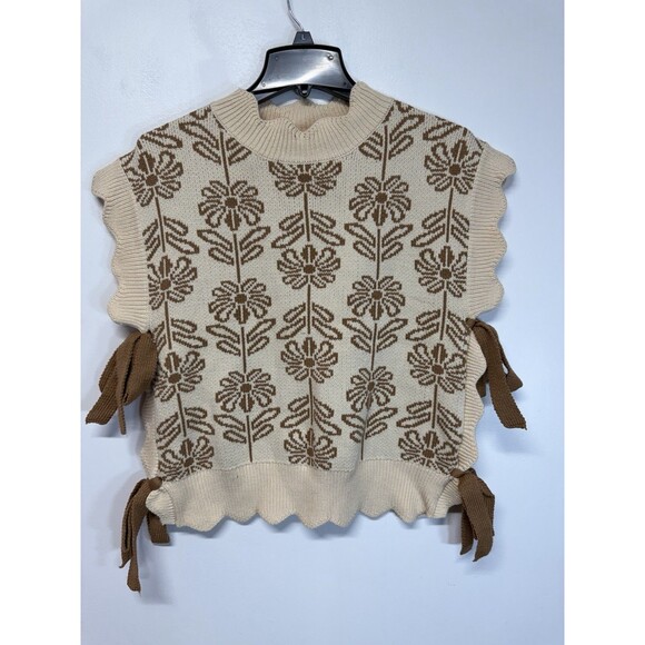 &merci Sweaters - &merci Floral Jacquard Sweater Vest Cream Brown Side Tie Bow Scallop Sz M NWT